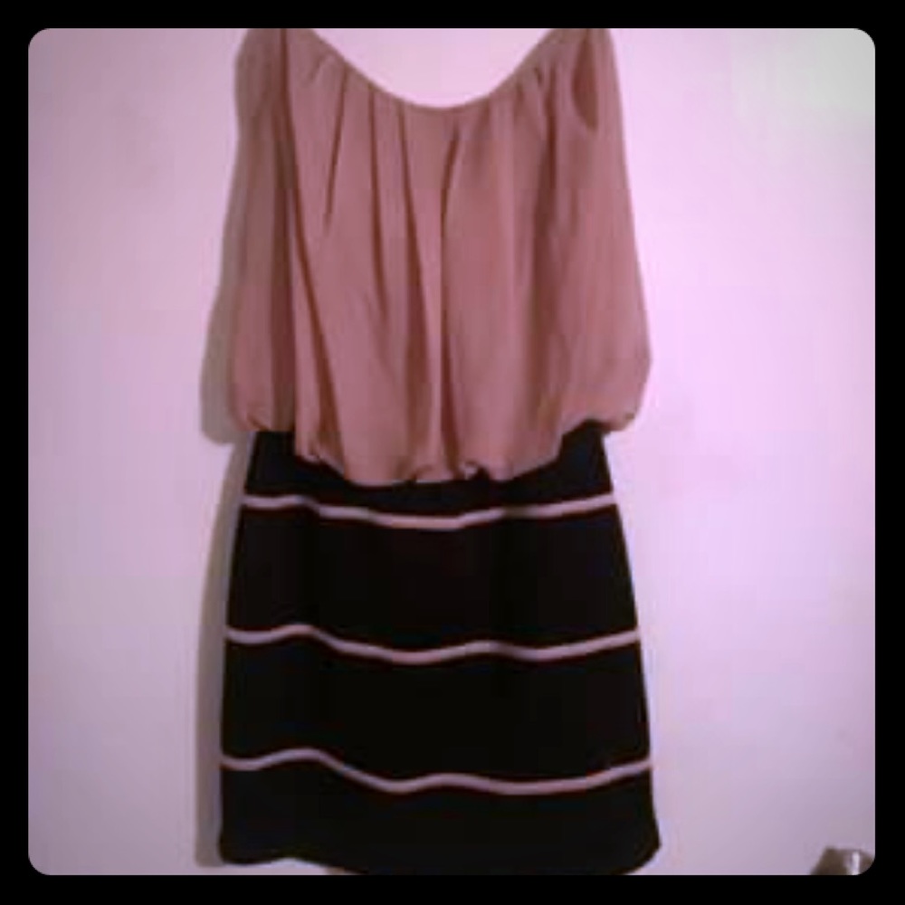 Beige and black strapless dress